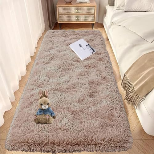 GOUTUI Modern Flauschiger Teppich 90 x 200 cm Anti-Rutsch Unterseite Moderner Teppich Wohnzimmer Deko Für Stühle Sofa Schlafzimmer Kinderzimmer, Beige