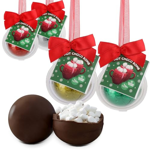 2x Weihnachts Marshmallow Schokoball zum Aufhängen, 2er Set, Christbaumkugel in rot, Silber, Gold o. grün, Trinkschokolade, zufällige Farbauswahl, Geschenkidee Weihnachten