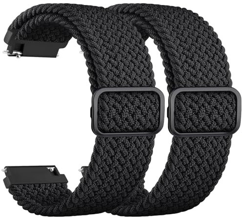 Mugust 2 Stück 20mm 22mm Armband für Damen Herren, Elastisches Nylon Geflochtenes Ersatzarmband, 22mm 20mm Uhrenarmbänder (Schwarz+Schwarz, 20MM)