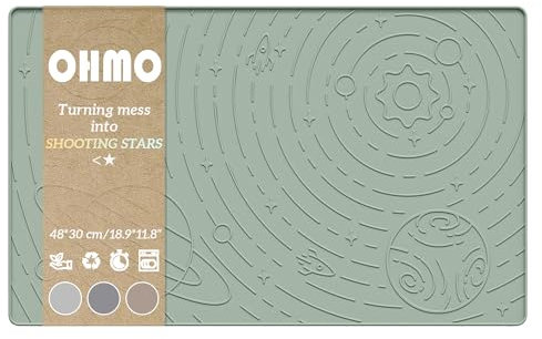 OHMO Dog Food Mat, Waterproof Silicone Cat Food Mat with Raised Edge, Galaxy Pattern Pet Feeding Mat Placemat, Non-Skid Cat Dog Bowl Mat (Light Green, 48 * 30cm)
