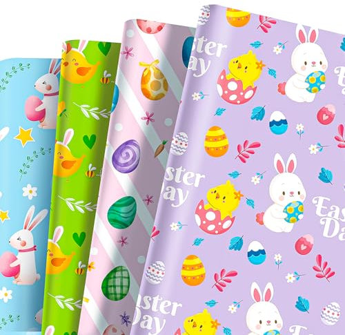 MORAINJAY 12 Bögen Ostern Geschenkpapier, Ostern Geschenkverpackungen Papier, Osterei Hase Küken Geschenkpapier, Kinder Easter Geschenke Geschenktüten Geschenkpapier 68x50cm