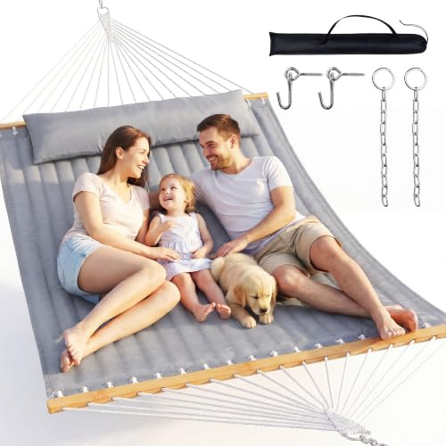 Everyfun 2 Person Quilted Hammock with SpreaderBar, 500lbCapacity, Darkgray | Flat patio tree hammock with detachable pillow & chains. No stand; ideal for outdoor backyard & camping relaxation.