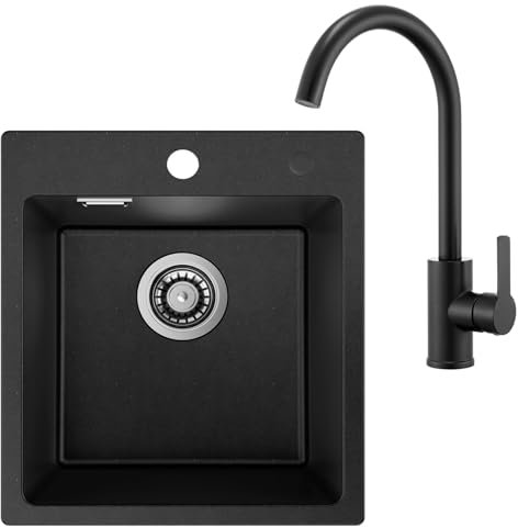 Auralum Spüle mit Armatur Set, Granit Spülbecken Schwarz 40 x 45 cm + Wasserhahn Küche Schwarz