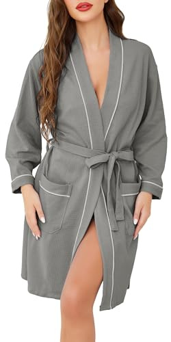 Vlazom Women Dressing Gown, Lightweight Waffle Robe Soft Cotton Bathrobes Mid-Length Robes with Pockets for All Seasons Spa Hotel Sleepwear Size UK 6-24