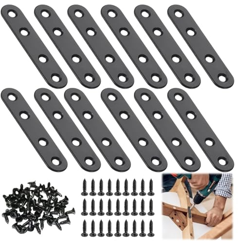 12 Stück Flachverbinder Edelstahl, 78 x 16 x 1.7mm Holzverbinder Lochplatte Metall, Schwarz Flacheisen Gelocht, Verbindungsplatten mit Befestigungsschrauben für Verbindung, Möbelreparatur