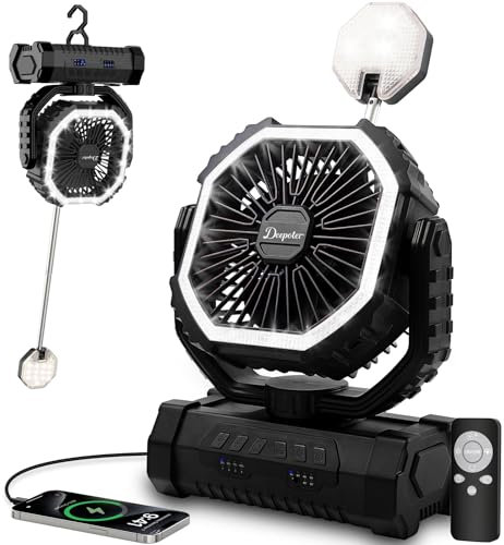 Camping Ventilador 20000mAh, Ventilador USB Recargable Portátil Escritorio con Luz LED, Control Remoto y Gancho para Hogar, Ufficio, Tienda, Exterior Viajes, Spiaggia, Picnic, Pesca, Negro