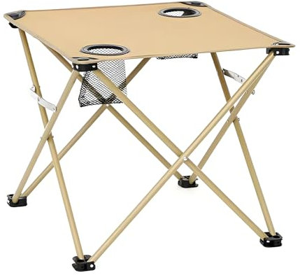 Zimuney Portable Folding Camping Table with 2 Cup Holders - Heavy Duty Waterproof Oxford Fabric, Compact Collapsible Design for Outdoor Picnic, Beach, Hiking Khaki