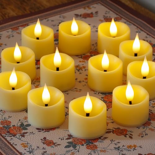 Bryxidor LED 12 Pack Tea Light Candles, 3.8cm x4.5cm Battery Operated Fake Electric Plastic Tealight Votive Flameless Flickering Realistic Candles for Halloween Christmas Decor
