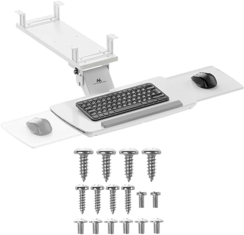 Maclean Tastaturablage Untertisch mit Mausablage | Höhenverstellbar Neigbar Drehbar | Ergonomische Halterung für Schreibtisch bis 5kg | Tastaturhalter aus Stahl und Kunststoff (Weiß)