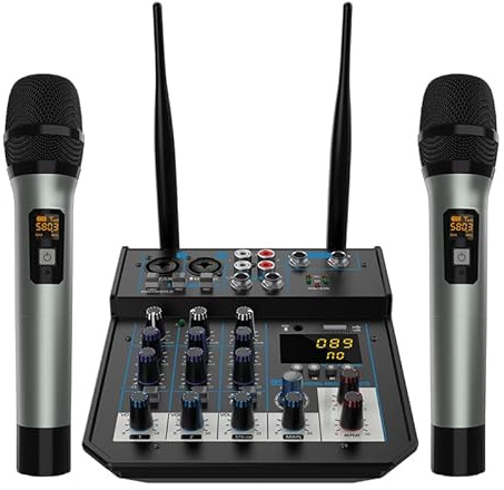 Audiomixer, 2PCS 4-Kanal-Audio-DJ-Mixerkonsole mit Bluetooth-Mixer UHF-Funkmikrofon