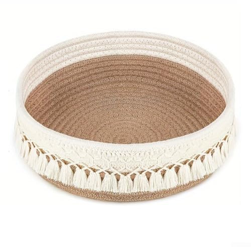 Aufbewahrungskorb aus Baumwollseil im Boho-Stil mit Quaste für die Organisation von Make-up, Schreibtischbedarf und Unordnung im Haushalt (Karte buchstabiert weiß)