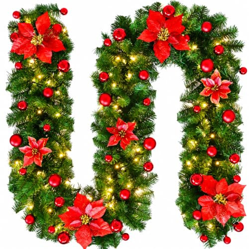 Kaleora Weihnachtsgirlande mit LED-Beleuchtung, 1,5m Girlande Weihnachten mit Rote Weihnachtssterne und Kugeln, Künstlicher weihnachtsgirlande für Haustür, Fenster, Kamin, Weihnachtsdekoration
