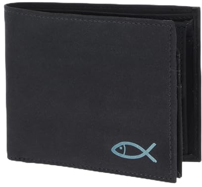 Oxmox Geldbörse Herren/Portemonnaie Damen | Wallet mit RFID Schutz | New Cryptan (Vegan) | 5 Kreditkartenfächer | Querscheinbörse Querformat | schwarz | Freedom Fish Print Cyan