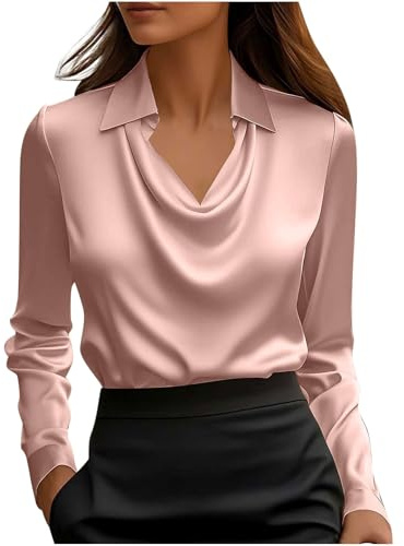 EMATOP Bluse Damen Elegant Langarm Oberteile Festliche Satinbluse Casual Business Hemdbluse Tops Lässiges Einfarbig Langarmshirt Büro Arbeit Seiden Blusenshirt Party Bequem Hemd Tunika Tshirt