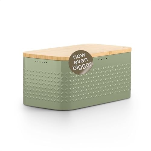 LARS NYSØM Portapane in metallo I Portapane per freschezza duratura con piedini antiscivolo I Coperchio in bambù adatto come tagliere | 34,5x18,5x15,8cm (Sage Green)