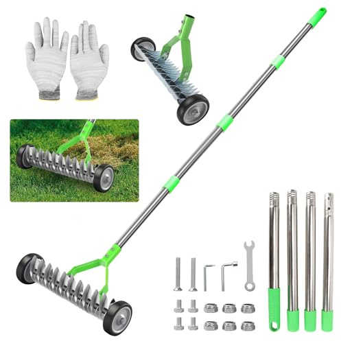 Lawn Thatch Rake with Wheels, Rolling Lawn Scarifier with 32 cm working width, Handheld Weed Rake, for Cleaning Dead Grass, Moss, Weeds (Green,1.7M)