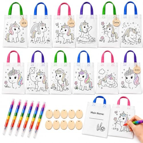 Einhorn Taschen zum Bemalen für Kinder – Bastelset Kindergeburtstag 34-tlg | 14 Stoffbeutel, 14 Holzanhänger & 6 stapelbare Wachsmalstifte – Mitgebsel für Kindergeburtstag & Einschulung