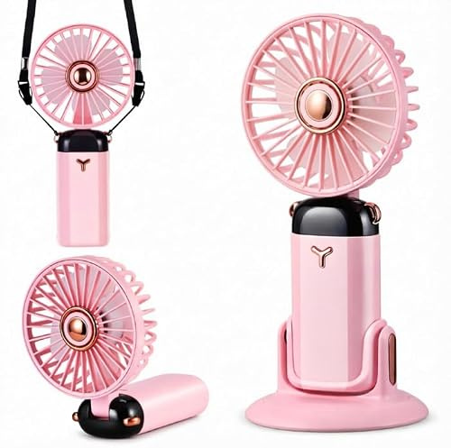 TranRantic Handheld Portable Fan, USB Hand Held Fans Rechargeable(Pink) | with 5 Speed, Up to 15H Max, Foldable Travel Battery Fans with Lanyard Base, Mini Electric Desk Fan for Home Office Outdoor