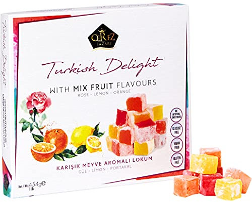 Cerez Pazari Turkish Delight with Fantastic Rose,Orange and Lemon Mix Flavors 454g (No Nuts) Luxury Lokum Candy Dessert Gourmet Box