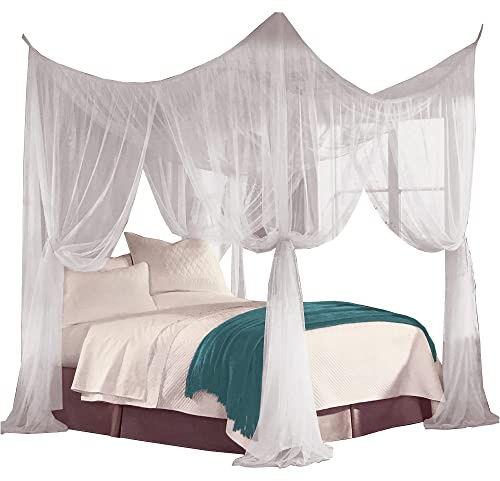 Just Relax Four Corner Post Elegant Mosquito Net Bed Canopy Set, White, Full/Queen/King