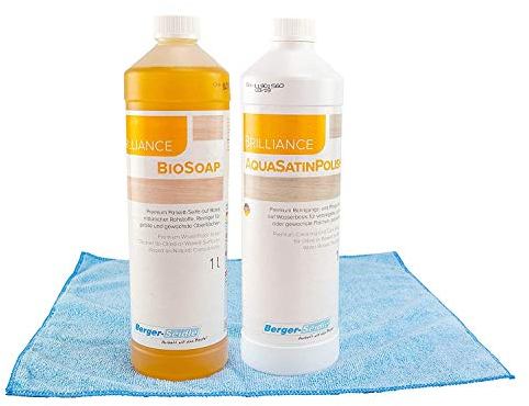 Berger-Seidle Parkettpflegeset | Aqua Satin Polish | + BioSoap | + Poliertuch | hochwertige Pflege Reinigung von geölten Parkett und Holzböden