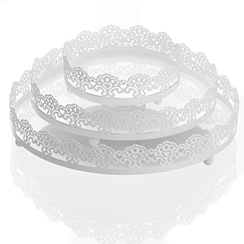 LB H&F 3 Stück Tablett Set rund Weiss Metall Spitze Shabby Chic Dekotablett - (1)