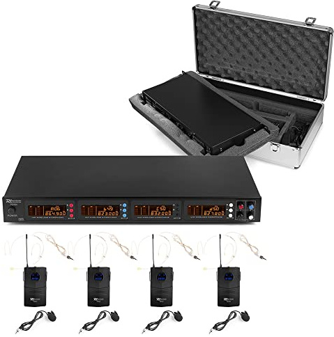 Power Dynamics PD504B UHF Wireless Microphone System - 4 Bodypacks with 50 Selectable Channels, Headset & Lavalier Mics, IR Sync, XLR Output, LCD Display, Aluminium Carry Case Included (SKU: LLA3477)