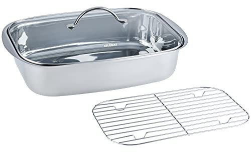Kelomat, 1993-313, Bräter Classico, eckig mit Glasdeckel 36 x 24.5 x 9cm, Edelstahl 18/10, solide Verarbeitung, mit Rost, induktionsgeeignet
