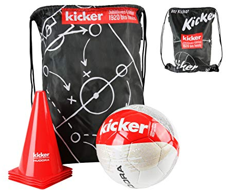 HUDORA Fußball-Set Kicker Edition, Matchplan inkl. Fußball (Gr. 5), Ballnadel, Gym-Bag & 4 Pylonen, rot/weiß/schwarz