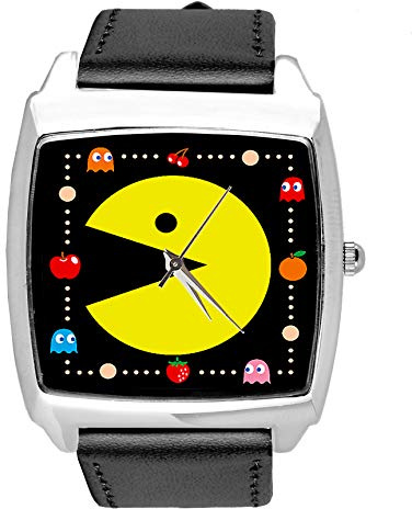 TAPORT Quadratische Armbanduhr aus schwarzem Leder für Spielefans, Schwarz , Armband