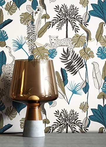 NEWROOM Tapete Creme Vliestapete Dschungel - Mustertapete Modern Blau Khaki Blätter Leoepard Dschungeltapete Tropisch Palmen Regenwald inkl. Tapezier-Ratgeber