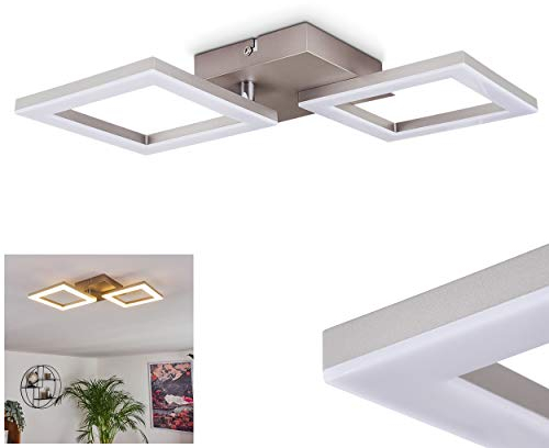 LED Deckenleuchte Batuna, moderne Deckenlampe aus Metall in Nickel matt und Kunststoff in weiß, eckige 1-flammige Zimmerlampe, 1 x LED 16 Watt, 3000 Kelvin, 2000 Lumen
