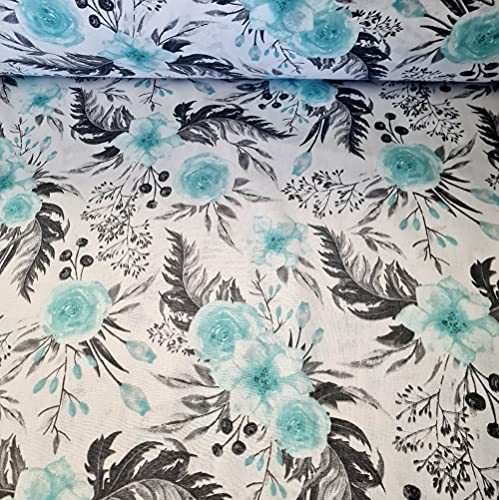 100x160cm 100% Baumwolle Baumwollstoff Streifen Blumen Meterware Handwerken Nähen Stoff (Blume Weiß Minz Grau neu)
