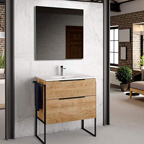 Mueble de Baño con Lavabo Cerámico Galsaky Industrial | 2 cajones con Cierre Amortiguado y Organizador| Guías Hettich Medidas | Mueble baño con Patas y Toallero (Roble Natural, 60)