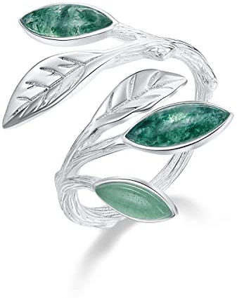 Springlight ✦ Geschenke für Frauen S925 Sterling Silber Damen Ring Grüner Blattring Verstellbar Natürliche Aventurin-Edelstein Offener Ringe Frauen Schmuck Personalisierte Geschenke.