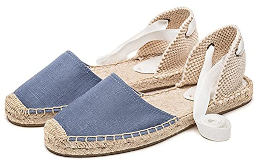 Onsoyours Femmes Espadrille Sandales Mode Rayure Bout Fermé Bride à la Cheville à Lacets Slingback Léger Plat Anti-dérapant Chaussures Décontractées D Bleu 40 EU