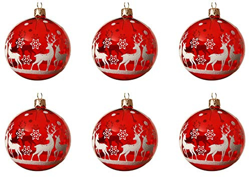 Decoris Weihnachtskugeln Glas 8cm x 6 Stück mit Motiv Rentiere mundgeblasen handbemalt transparent rot weiß