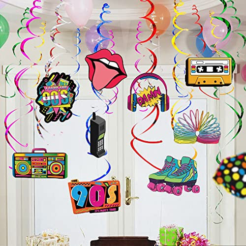 32 Pièces Décorations de Fête des Années 90, Décor de Plafond de Tourbillons Suspendus de Fête à Thème Années 90 pour Anniversaire Rock Disco Hip Hop Rétro Décoration
