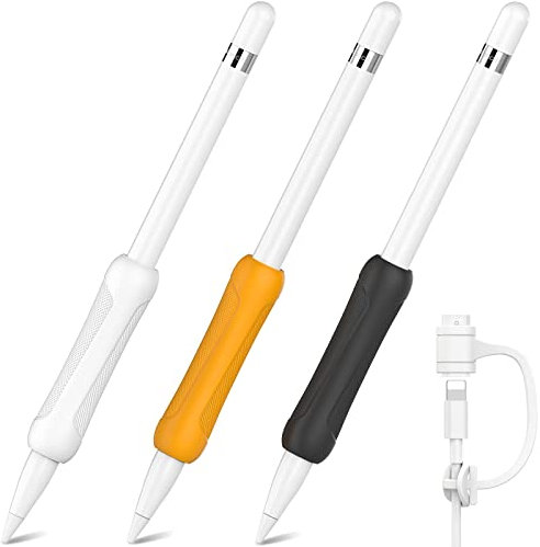 NIUTRENDZ 3 Pack Silicone Grip for Apple Pencil 1st Generation Accessories Ergonomic Design Sleeve Protective Case Cover Holder with Cable Adapter Tether (White, Orange, Black)