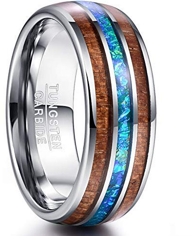 Vakki Blauer Imitiert Opal Ring 8mm Herren Wolframcarbid Ringe Silber Ehering mit Holz Partnerring Größe 65(20.7)