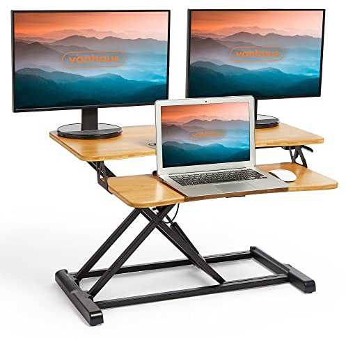 VonHaus Standing Desk Converter, Height Adjustable Computer Workstation with Keyboard Shelf, Dual Monitor Desk Riser w/Tablet Holder - 80x40cm (Light Wood)