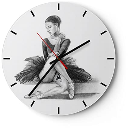 ARTTOR Moderne Wanduhr 30x30cm Rund Glasuhr Schwarz-Weiß Menschen - 4496 | Ballerina Zeichnung Bleistift Glas Analog Wanduhr Lautlos Wanddekoration Wohnzimmer Küche Wanddeko Küchenuhr ARTTOR