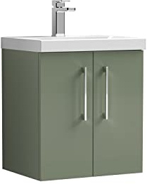 nuie ARN821A Arno Modern Bathroom Wall Hung 2 Door Vanity Unit with Mid-Edge Ceramic Basin, 500mm, Satin Green