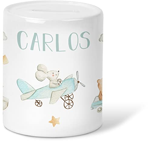 GRAVURZEILE Spardose für Kinder - Flugzeuge & Autos Design - Personalisiert mit Name - Geschenk für Jungen & Mädchen zum Geburtstag Kommunion Geburt Einschulung Weihnachten - Geschenk für Kinder