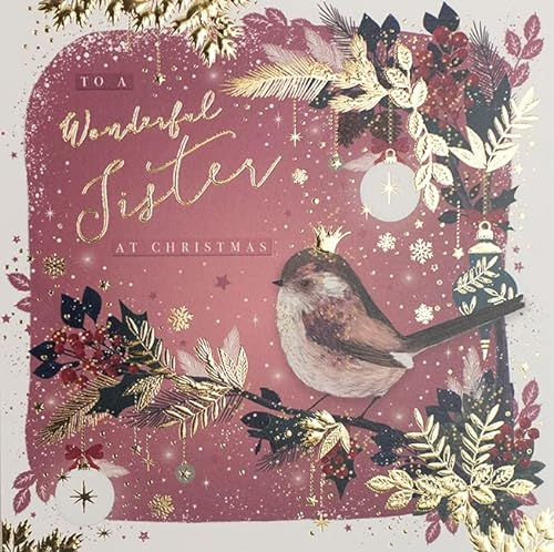 Paperlink Künstlerische Weihnachtskarte für weibliche Beziehung, Schwester, festliche Vogel-Illustration, aus der Sternennacht-Reihe, geprägt mit Goldfolien-Finish