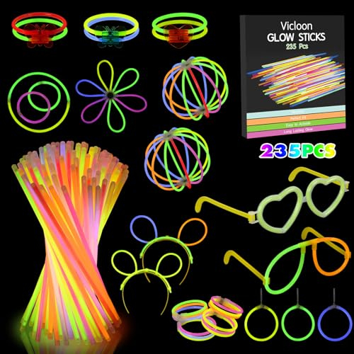Vicloon Knicklichter,235 Stück knicklichter party set,knicklichter mit verbinder,Brillen, Ohrringe, viel Zubehör,glow sticks party pack für Hochzeiten Geburtstage Festivals Party…