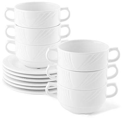 Holst Porzellan LUB SET 12 Porzellan 12-tlg. Set Suppentassen mit Henkel 0,30 l Lubin mit Untere, 16.6 x 7 cm 0,30 l, weiß, für 6 Personen