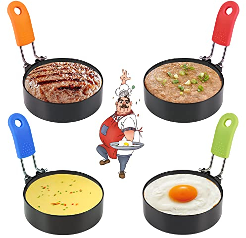 Rairsky Lot de 4 Anneaux d'oeuf en Acier Inoxydable, Oeuf au Plat Moule Antiadhésif, Moule à Oeuf avec Poignées Pliantes en Protection Thermique, pour Cuisson Oeuf au Plat Pancakes Omelettes