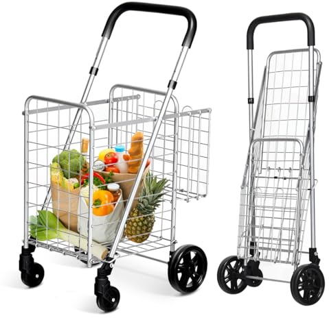 COSTWAY Klappbarer Einkaufstrolley, Einkaufswagen mit Universalrädern & Doppelkorb, 48L+10L, Tragbarer Handwagen mit Verstellbarer Griff, Rollwagen Allzweckwagen für Wäsche Einkaufen Gepäck (Silber)