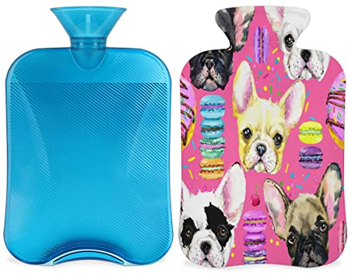 Französische Bulldogge, Wärmflasche mit flauschigem Bezug, 2 l großes Fassungsvermögen, Wärmflasche für gemütliche Nächte, lindert Schmerzen, Rücken, Nacken und Schultern